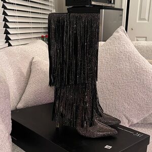 Black Fringe Rhinestone Boots by I•N•C